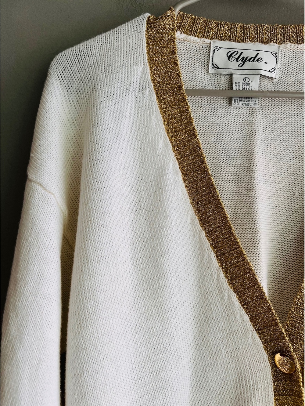 VTG Clyde Cream & Gold Knit Varsity Crest Cardigan Sweater Preppy Old Money - Picture 2 of 10